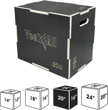 3-In-1 Wooden Plyo Box, Non Slip Surface with Hex Grip, Three Different Height, 16" 14" 12", Black Color